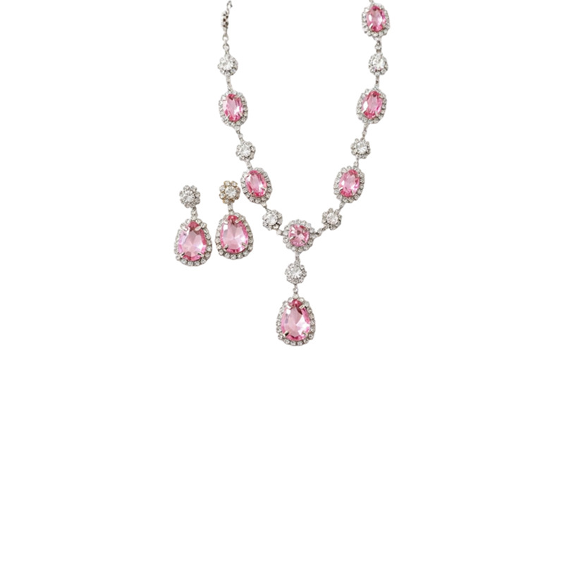 Collar de pendientes de gota de agua elíptica rosa ligero de lujo nicho cadena de clavícula temperamento delicado conjunto de joyas al por mayor
