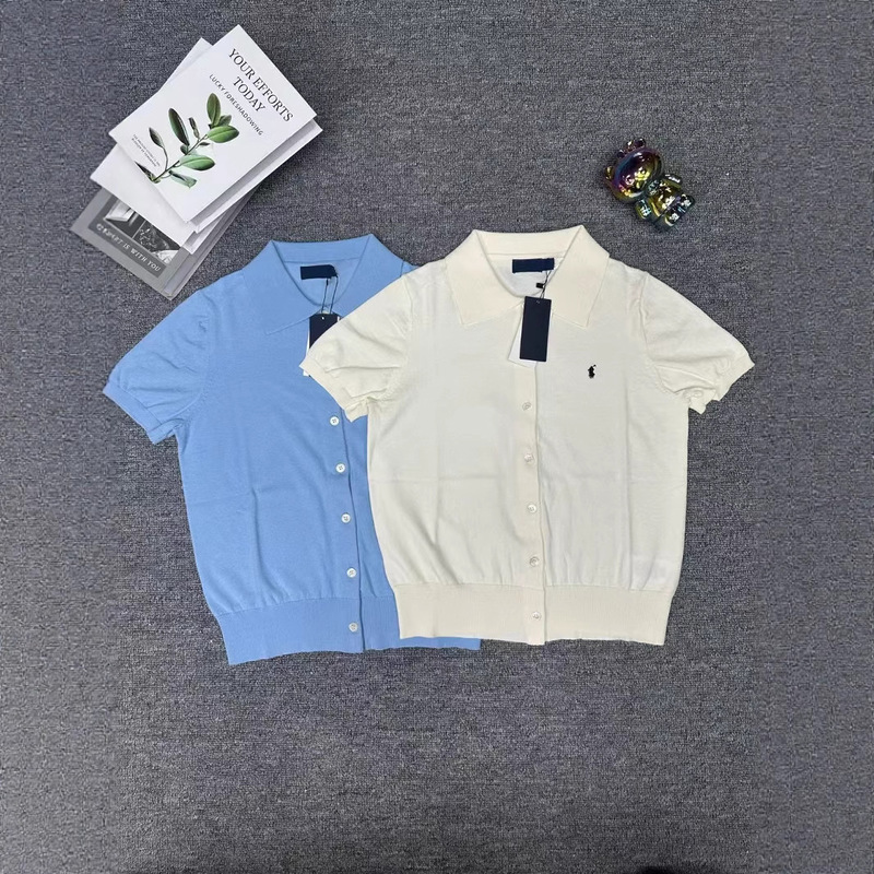 Rl Laff Pony Logo Slimming Embroidered Polo Collar Short Sleeve Knit Cardigan Women's T-Shirt Knitwear