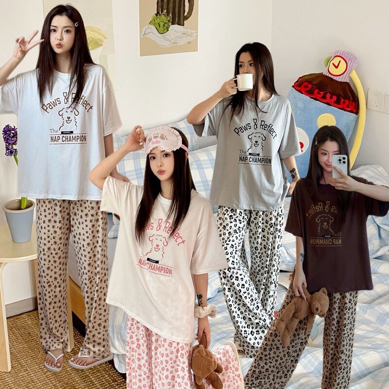 Korean Brand 2613 Pure Cotton Leopard Print Lazy Leisure Set Summer New Style Young Girl's Casual Short-Sleeve Long Pants Loungewear Korean Brand 2613 Pure Cotton Leopard Print Lazy Leisure Set Summer New Style Young Girl's Casual Short-Sleeve Long Pants Loungewear