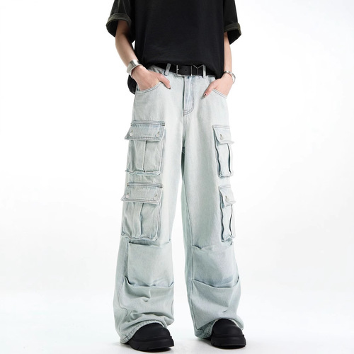 American Retro Multi-Pocket Washed Straight Leg Workwear Jeans for Men and Women Street Wide Leg Casual Pants Trend Brand