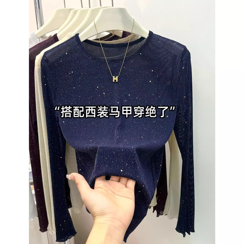 2025 New Solid Color Mesh Sequin Round Neck Long Sleeve T-Shirt for Women, Slim Fit, Shiny, Slightly Sheer Base Shirt Top 2025 New Solid Color Mesh Sequin Round Neck Long Sleeve T-Shirt for Women, Slim Fit, Shiny, Slightly Sheer Base Shirt Top