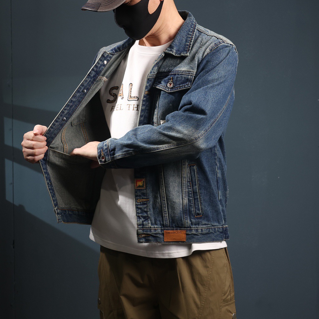 Men's Heavy Denim Jacket Retro Casual Washed Printed Trucker Coat_voghion.com