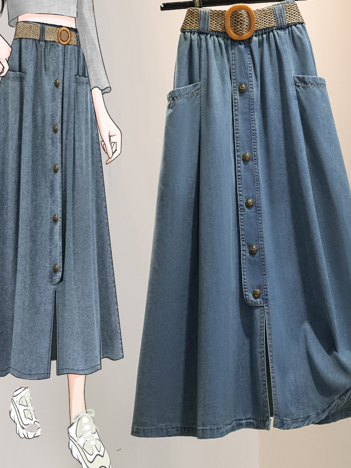 Plus Size Women's High-Waisted Denim Skirt for Pear-Shaped Body, Slimming Casual Half Skirt