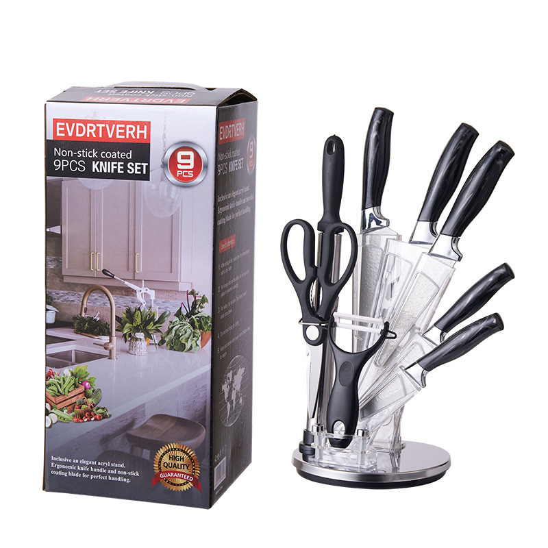 Factoria de comercio exterior al por mayor de nueve piezas cuchillo de asiento giratorio cuchillo de asiento cuchillo de acero inoxidable cuchillo de cocina