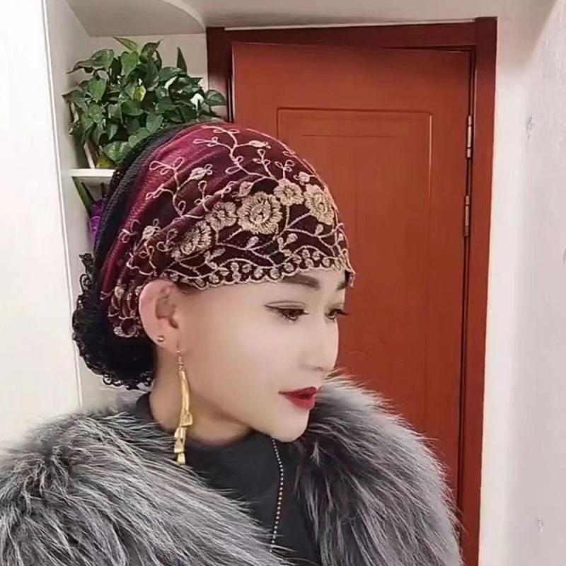 新款时尚刺绣玫瑰花型后花包头帽子休闲舒适遮白发