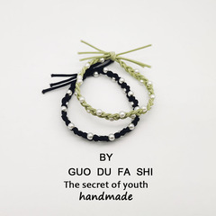 韓式珍珠發繩情侶手鍊兩用手繩簡約基礎頭繩手工編繩打結髮圈髮飾