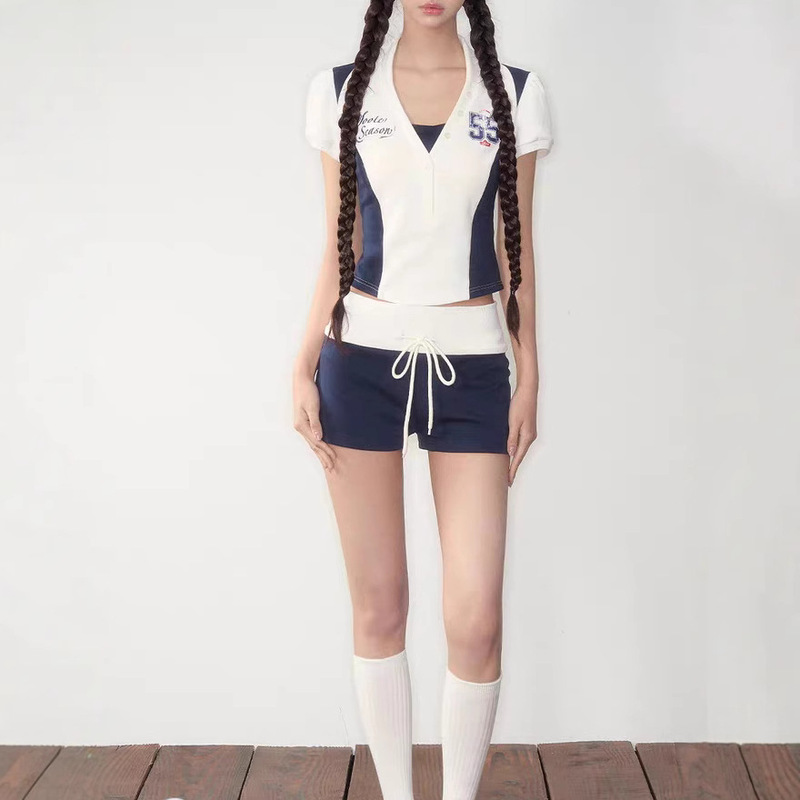 Soote Season Original Jersey Sports Style Digital Print Tight Waist POLO Top Shorts Two-Piece Pants