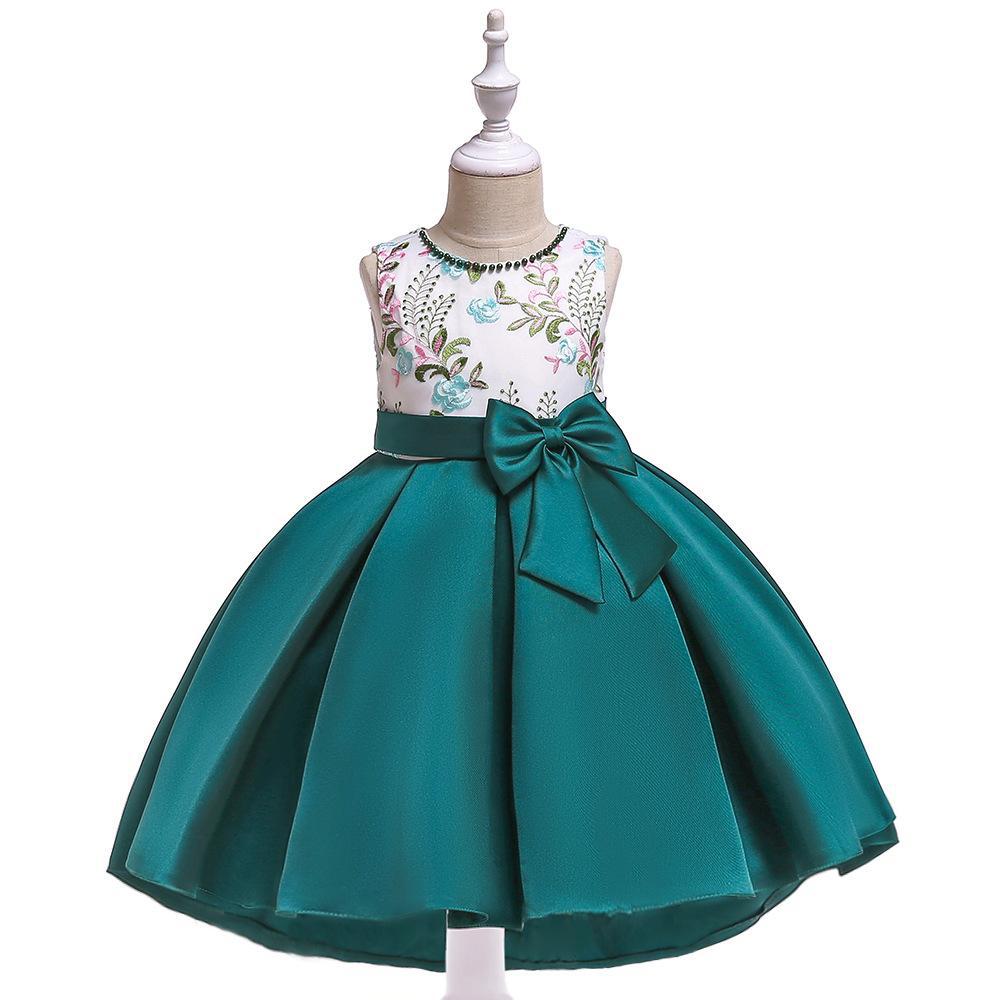 Europeo y americano nuevo trailing vestido niñas hecho a mano con cuentas bordado princesa vestido sarta satén arco dovetail vestido