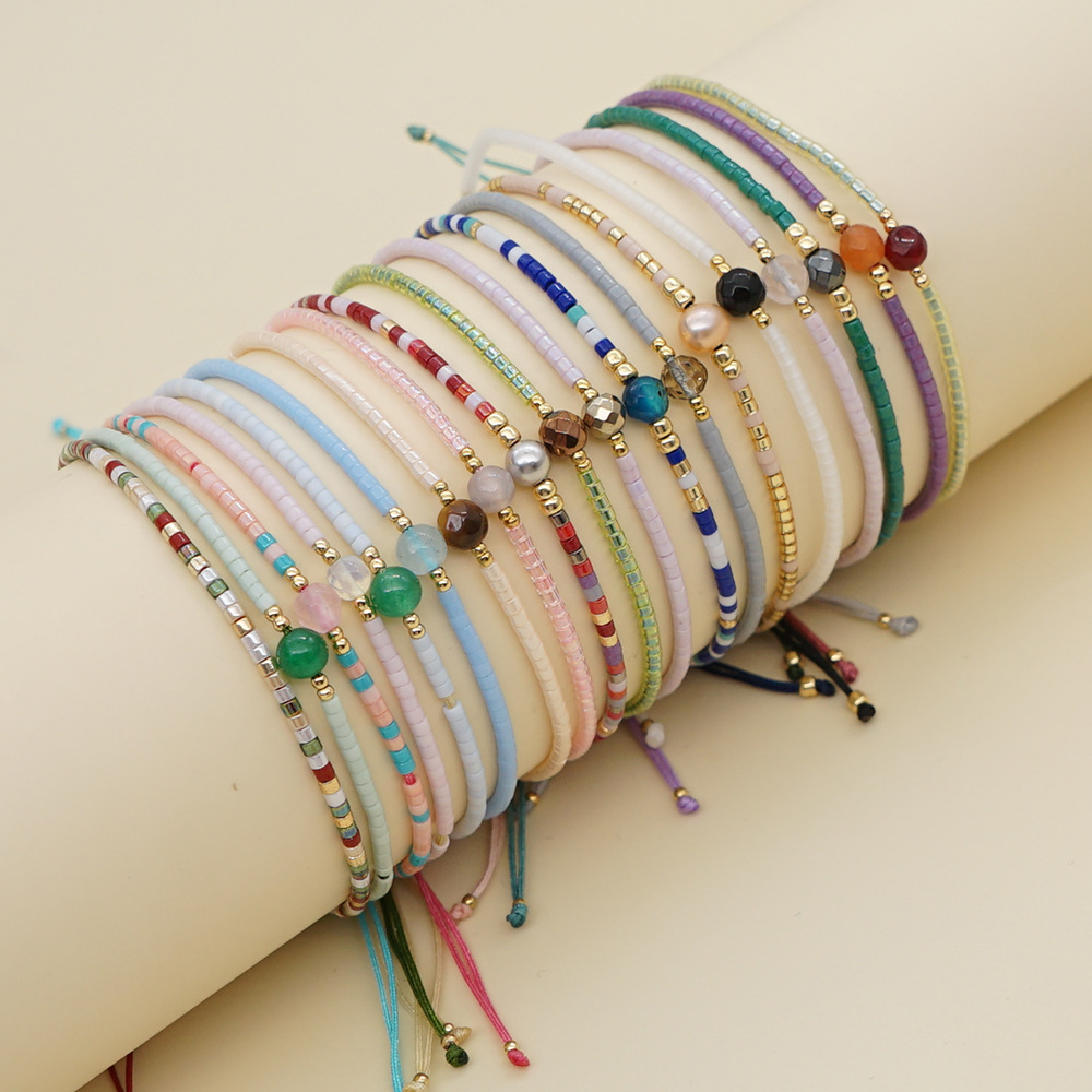 Bohemian style rice beads semi-precious stone color beaded lucky stone wholesale couple hand rope women's small bracelet