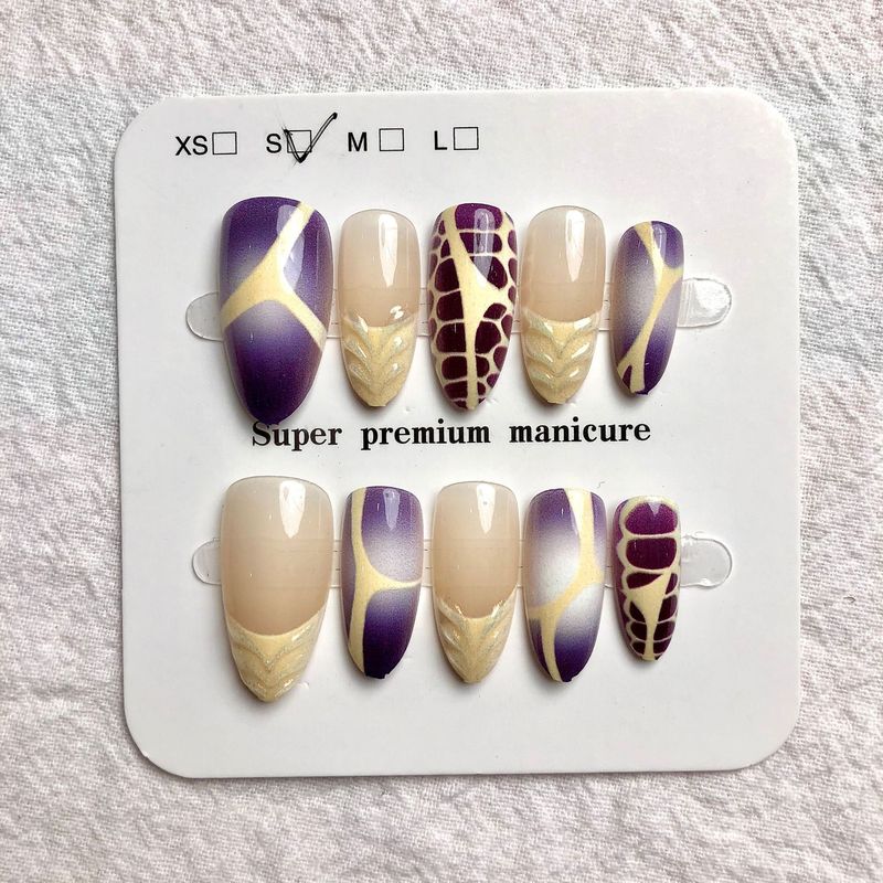 半手工杏仁甲欧美跨境3D立体雕花晕染高级感显白pressonnails批发|undefined