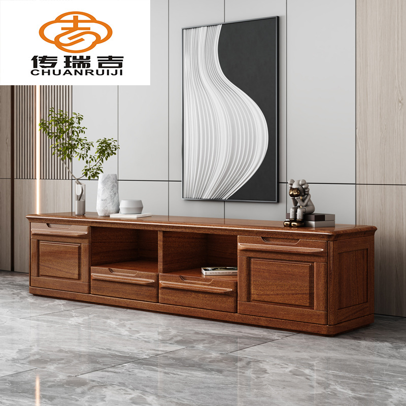 Golden Walnut Wood Solid Wood Tv Cabinet Chinese Style 1.8m Fixed Model Tv Cabinet with Drawer Storage Floor Cabinet for Home Use