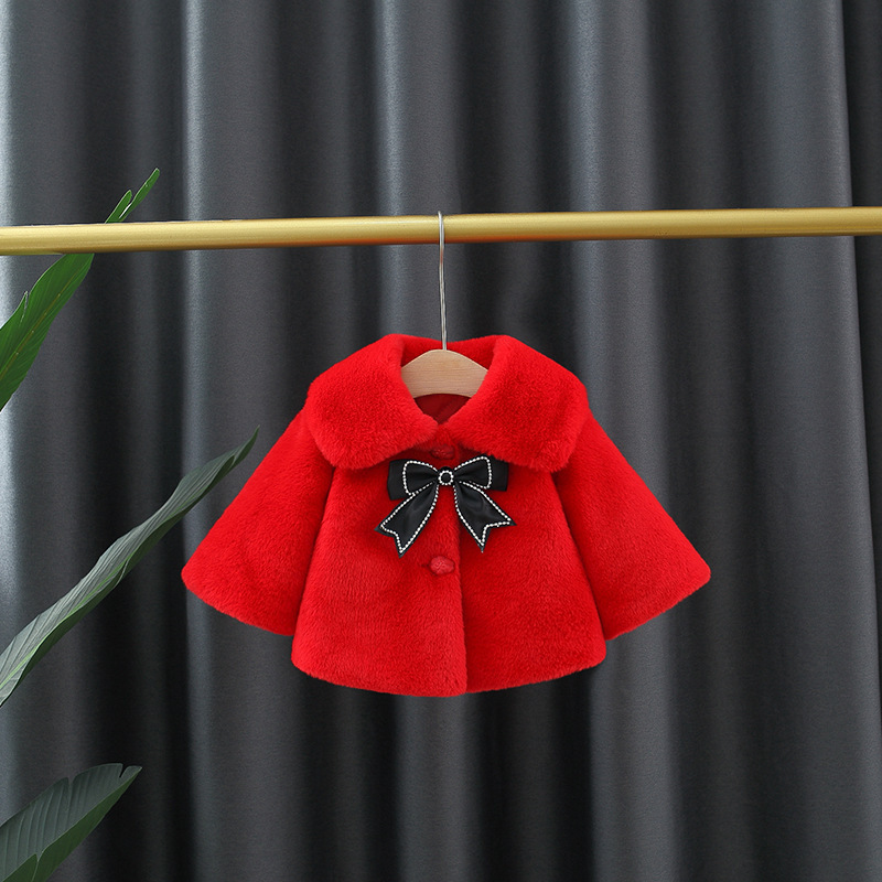 Autumn and winter new children's clothing solid color rabbit with black bow fur lapel, girls' shawl_voghion.com