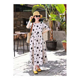 2025春夏新款亚麻雨露麻旅行文艺原麻色印花波点连衣裙