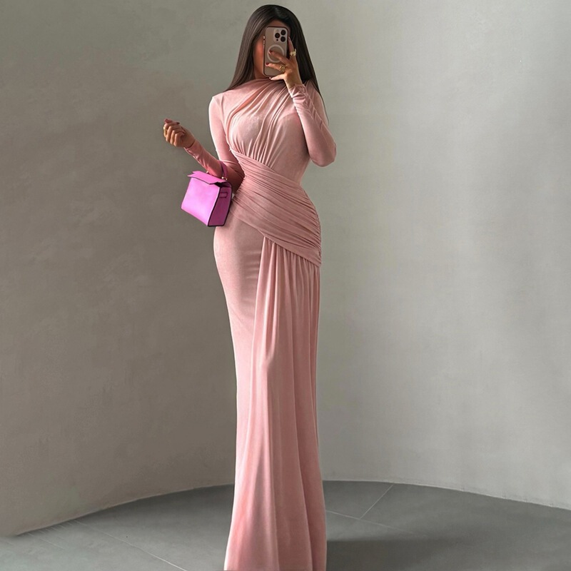 2025 European and American Style Autumn and Winter New Fashion Solid Color Round Neck Long Sleeve Pleated Slim Fit Bodycon Dress 2025 European and American Style Autumn and Winter New Fashion Solid Color Round Neck Long Sleeve Pleated Slim Fit Bodycon Dress