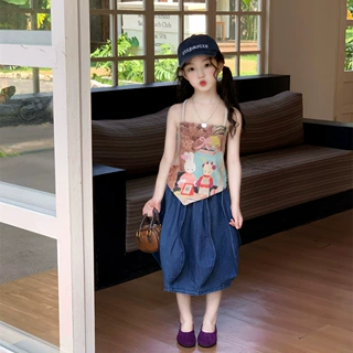 2026夏季新款童装 女童不规则卡通吊带背心+时髦牛仔花苞裙两件套