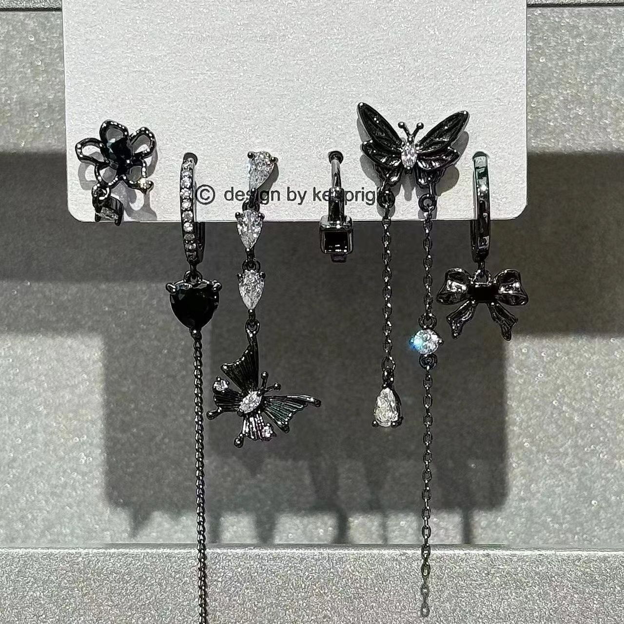 Cool Grl ! Dark Butterfly Tassel Six-Piece Earring Set, Sweet and Cool Earrings, Niche Design Set, Earrings and Earrings