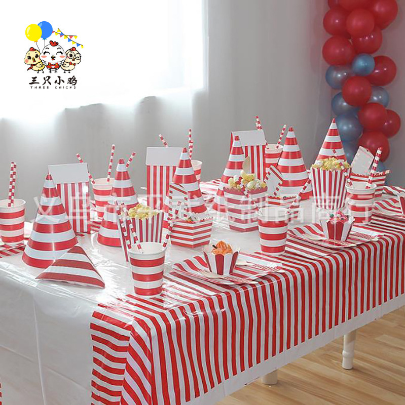 in stock Disposable Paper Plate Party Tableware suit Birthday Party Cake Arrangement Decoration Red Stripe Series