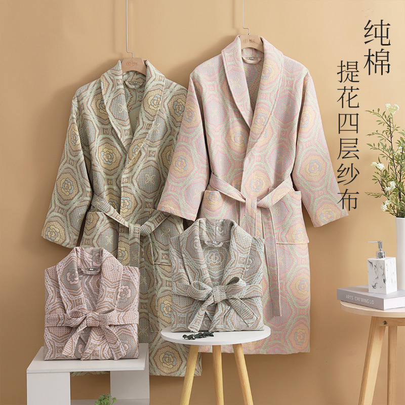 New Cotton Bathrobe Four-layer Yarn Nightgown Autumn and Winter Thickened Long Couple Cotton Absorbent Bathrobe Wearing Bath Towel New Cotton Bathrobe Four-layer Yarn Nightgown Autumn and Winter Thickened Long Couple Cotton Absorbent Bathrobe Wearing Bath Towel