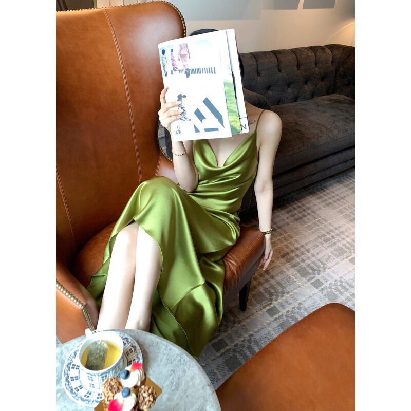 Draped Collar Acetate Slip Dress 2026 French Style Acetate Satin Draped Collar Sexy Slip Dress for Women Summer Draped Collar Acetate Slip Dress 2026 French Style Acetate Satin Draped Collar Sexy Slip Dress for Women Summer