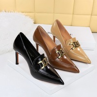 837-2 Retro Women's Shoes Slim Heels, High Heels, Deep Mouth Shoes, Pointed Metal Buckle Decoration, Deep Mouth Single Shoes, High Heels