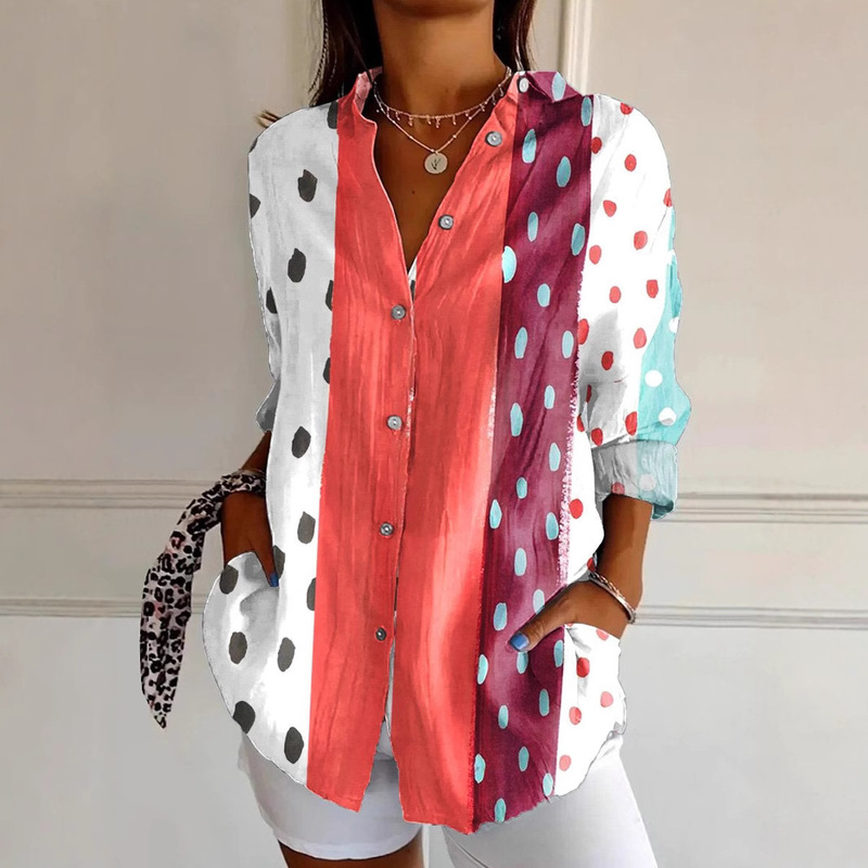 Cross-Border Independent Station Amazon New 3D Digital Printing Women's Fashion European and American Lapel Long-Sleeved Shirt Tops
