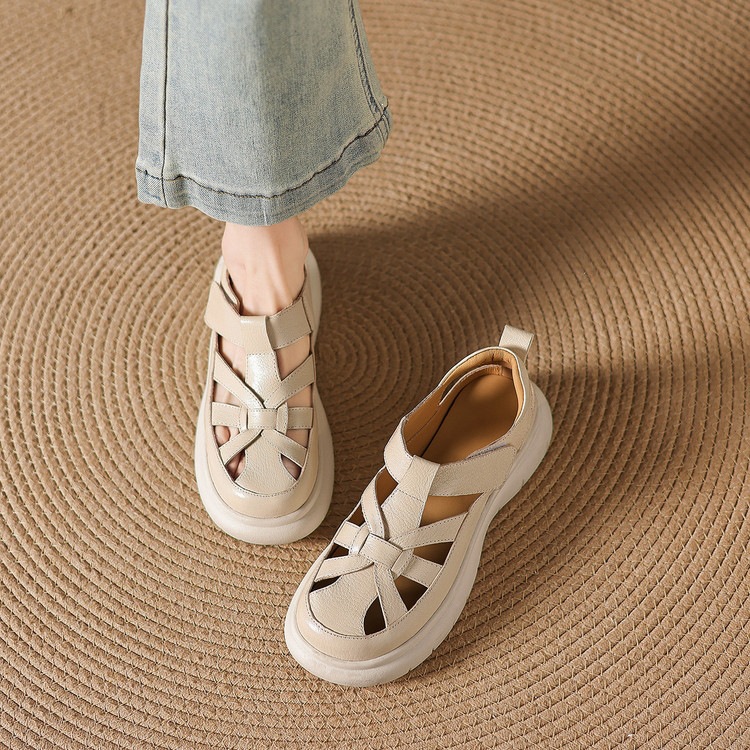 Sandal nữ đế dày da cừu phối quai ngang phong cách học đường — màu đen, màu trắng ngà chi tiết 29