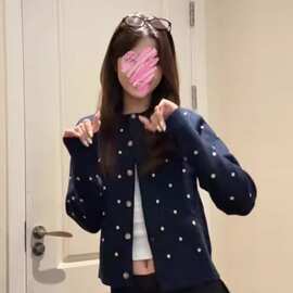 版型开衫原版复古波点显瘦包芯纱针织衫藏青色长袖图片色均码立领
