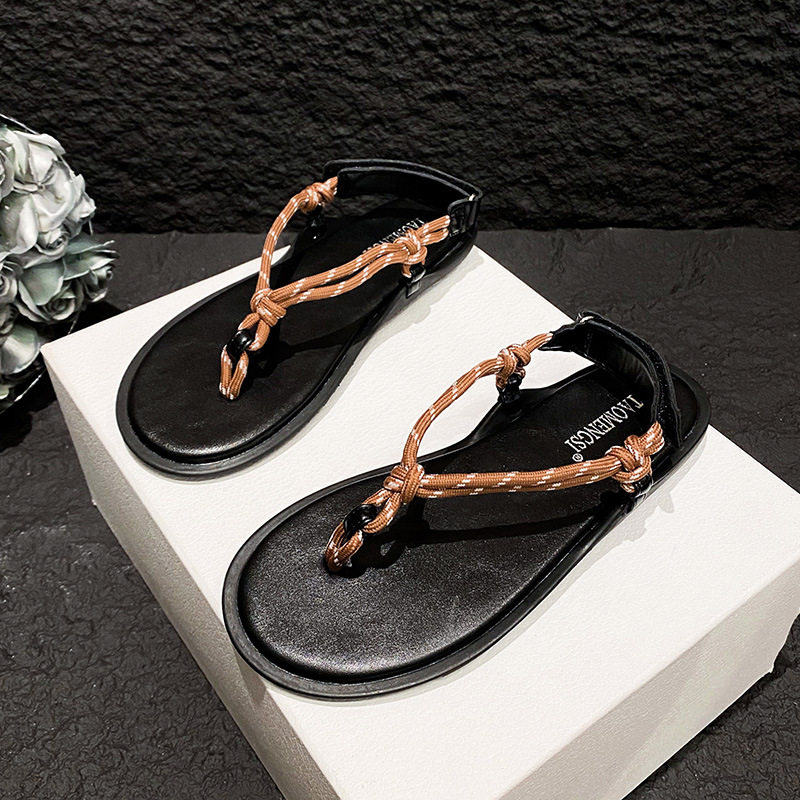 Dép sandal nữ quai ngang thắt nút, đế bằng, khóa dán, mũi tròn — Màu nâu pha lê, Màu nâu thắt nút, Màu đen thắt nút