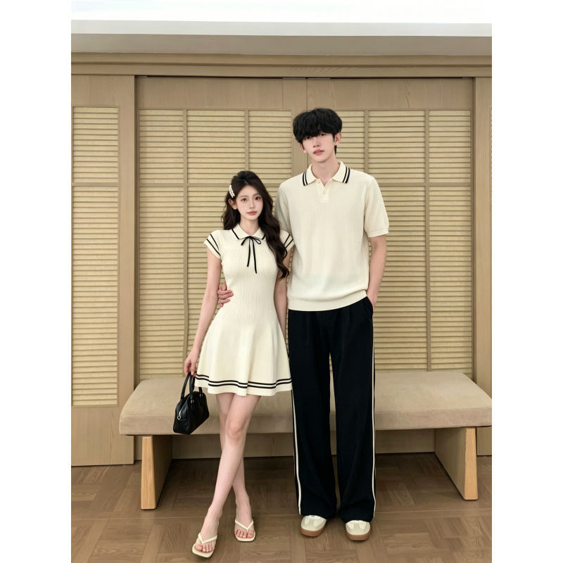 College-Style Couple Outfits, New Summer Collection, Unique Design, One Top and One Skirt, Color-Blocking Short Lapel Dress