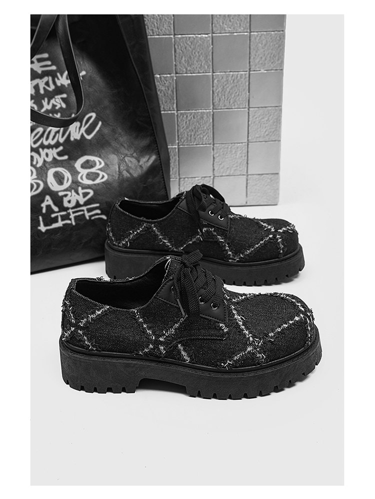 Baskets ShoeVault pour homme, collection automne, en toile noire délavée, semelle épaisse rehaussante, style derby décontracté._voghion.com