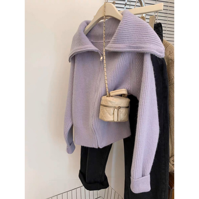 Trece líneas de alta calidad suéter de collar púrpura con cremallera abrigo de mujeres otoño y invierno temperamento perezoso cardigan de punto
