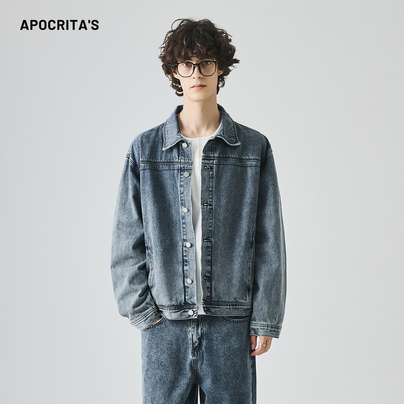 APO男装|跨境男士牛仔外套秋季美式高街潮牌水洗宽松翻领夹克上衣|undefined