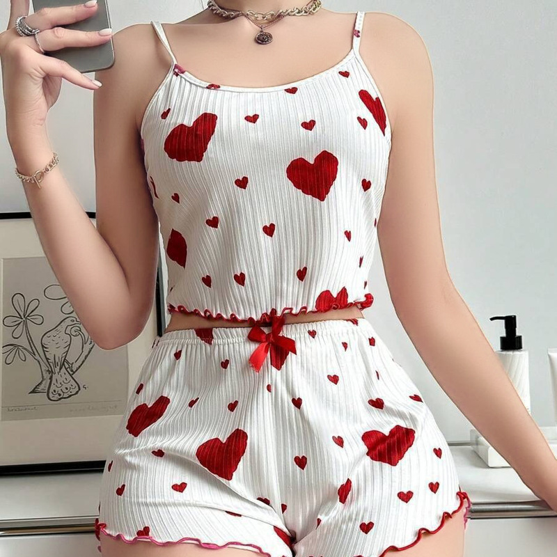 Women's Home Wear Two-Piece Set with Ribbed Heart Print Camisole and Bow Shorts Separate Pajamas for Women Qqny