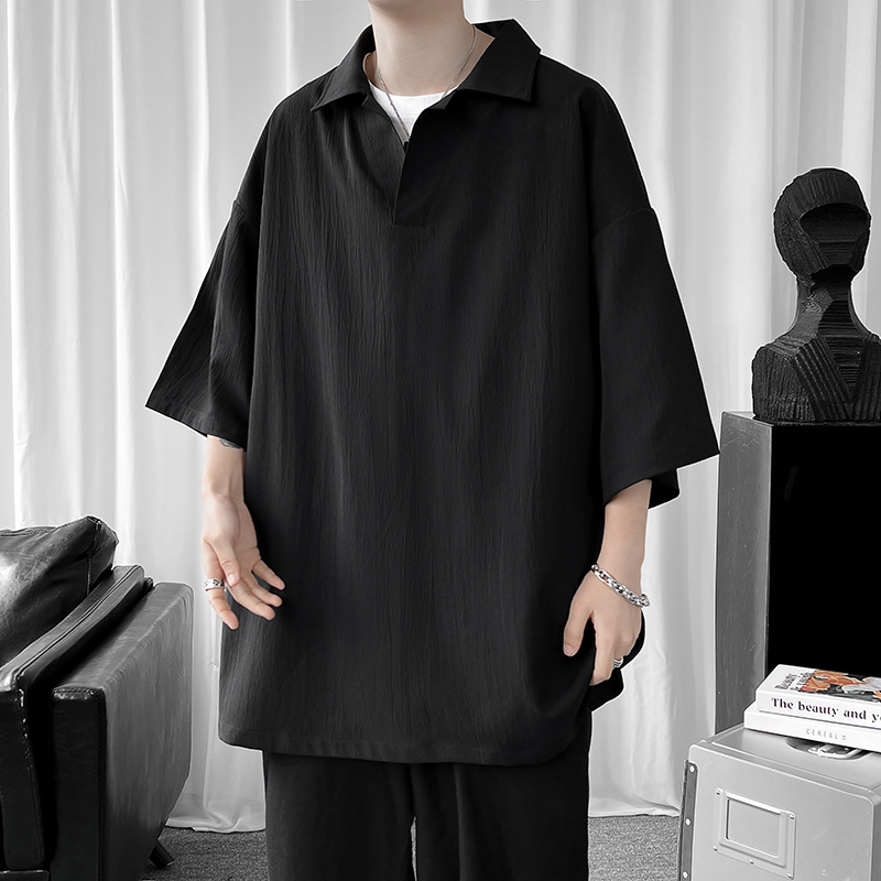 2023 new men's solid color lapel short sleeve T-shirt basic simple wind loose plus size casual youth T-shirt men
