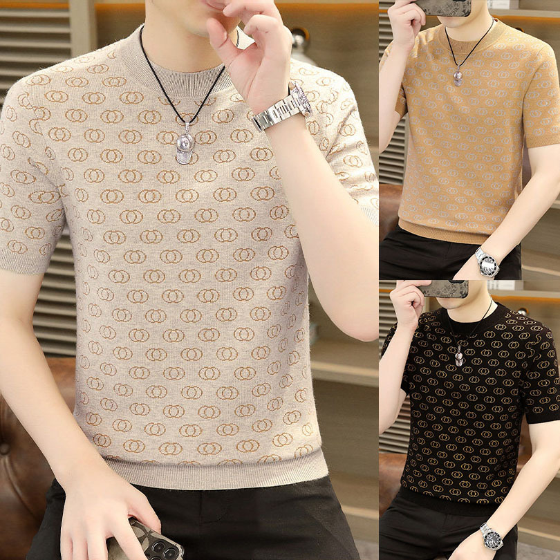 Camisas de punto de estilo antiguo camiseta de manga corta hombre impresa jacquard cuello redondo de negocios de hielo de verano fábrica transfronteriza al por mayor
