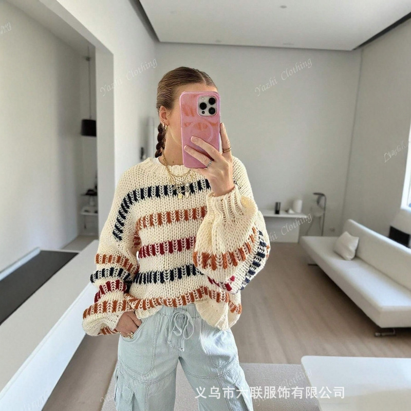 欧美拼色圆领毛衣女秋冬新款时尚慵懒风宽松百搭针织毛衫上衣跨境|undefined