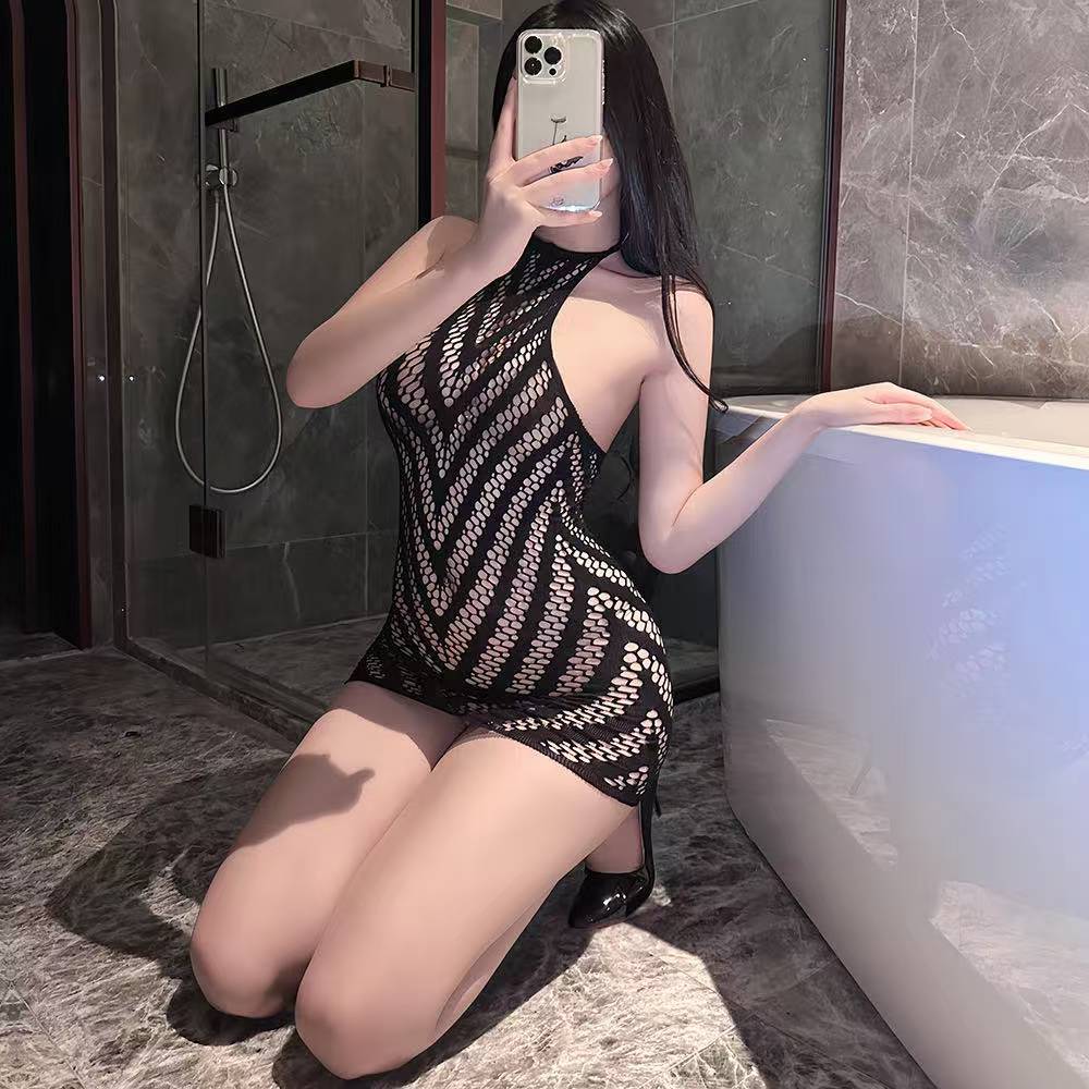 See-Through Mesh Bodycon Mini Dress, Backless Short Lingerie Skirt in Black, One Size — detail image 5