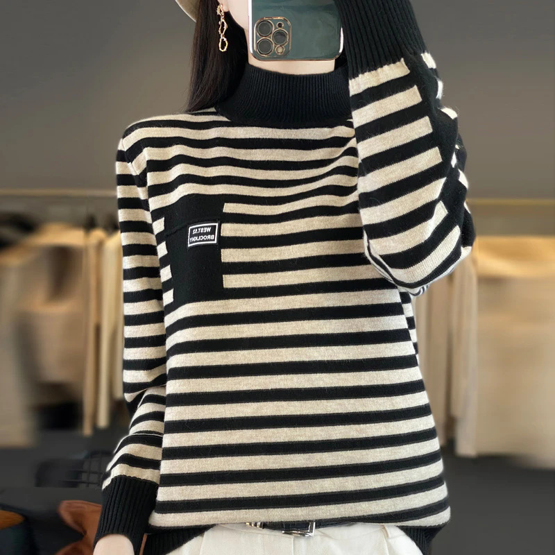 2025女秋冬新款条纹半高领羊毛针织衫时尚洋气大码打底毛衣套头潮|undefined
