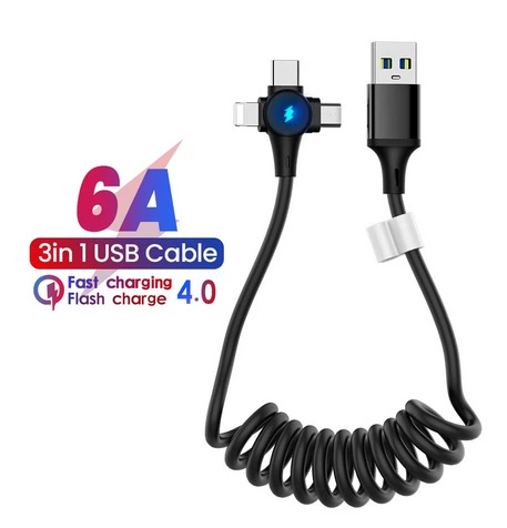 6A 3IN1 spring кабель быстрая зарядка подходит для iPhone USB Type C