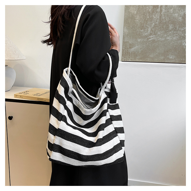 Laid-back striped canvas bag, Korean ins artistic color-blocking tote bag, large-capacity single-shoulder bag, shopping bag, large bag undefined