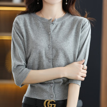 2025年春夏新款纯棉圆领针织衫五分袖女纯色宽松百搭上衣外套女
