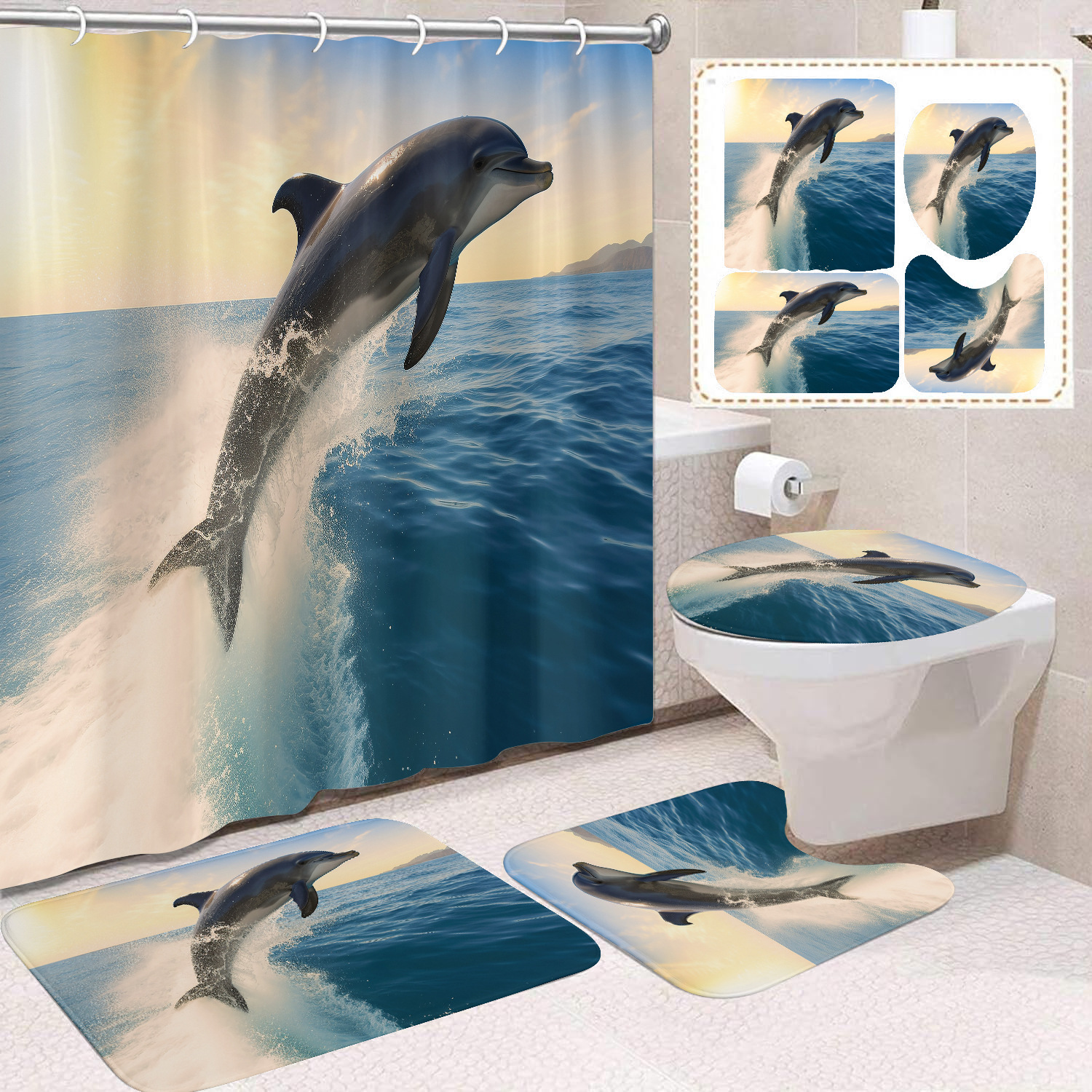 Cortina de ducha transfronteriza con diseño de delfines azules, estampada digitalmente, de poliéster, sin perforaciones, para baño, decoración del hogar image 46