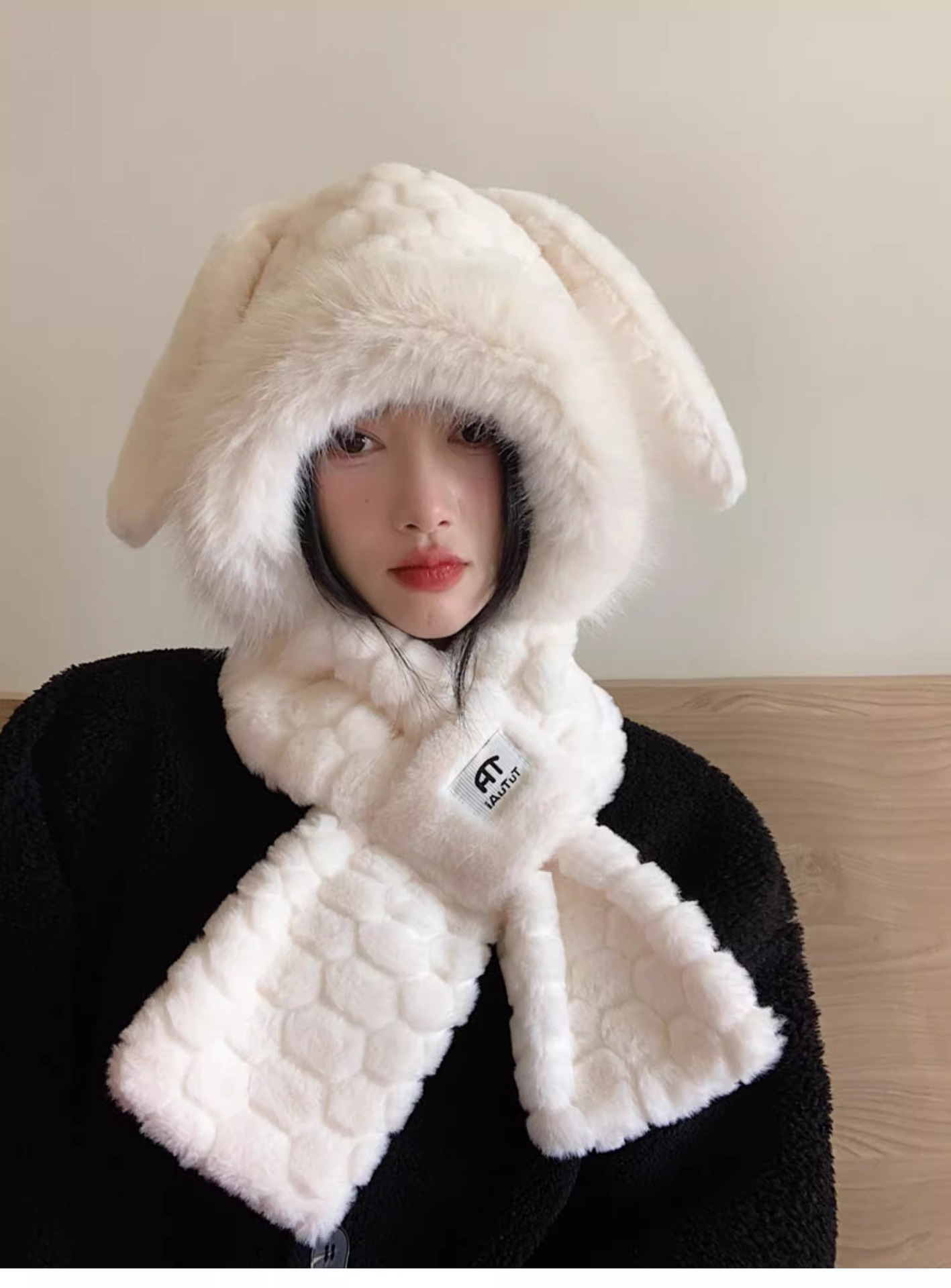 Cute Bunny Scarf Combo For Women Winter Korean Style Face Slimming Fleece Lined Thickened Plush Ear Protection Lei Feng_voghion.com