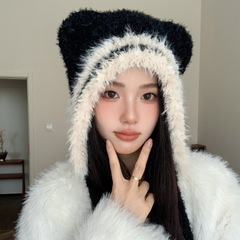 女性の秋冬のかわいい熊の耳のぬいぐるみの帽子の保温防風自転車の耳の衝突色のニットの毛糸の帽子