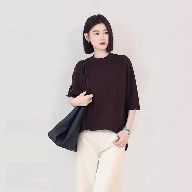 Easy-care fine wool pullover knit sweater for women, new autumn 2026 style, casual loose short-sleeved top