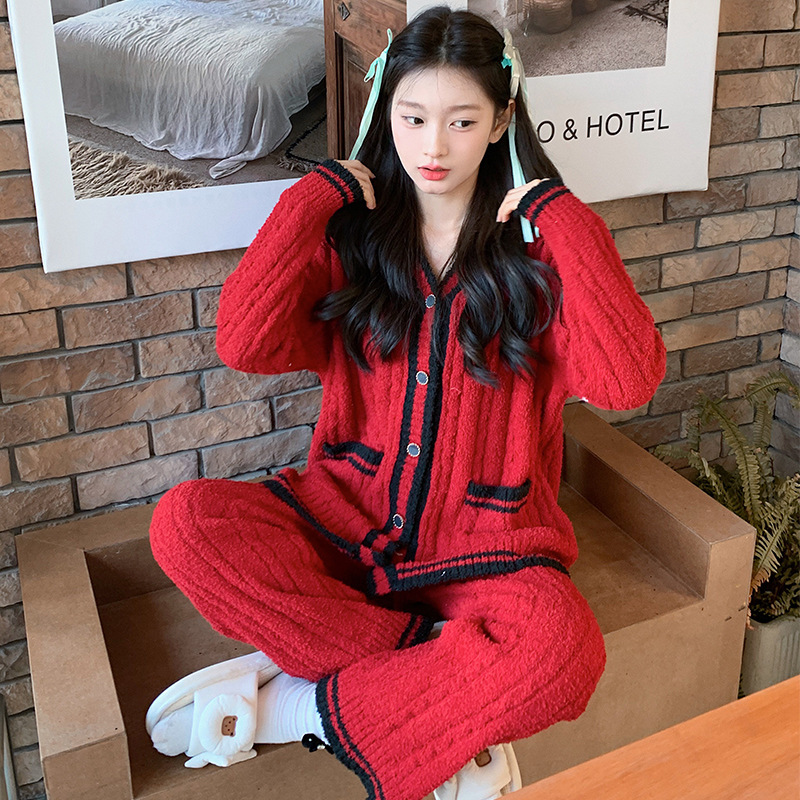 트위스트 로프 스타일 카디건 파자마 여성용 가을과 겨울 부드러운 편안한 기모 두꺼운 따뜻한 외형 홈 의류