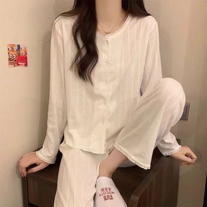 Pijamas de color sólido simples transfronterizos mujeres primavera y otoño coreano dulce rebeca casual pantalones de manga larga se pueden usar en el exterior