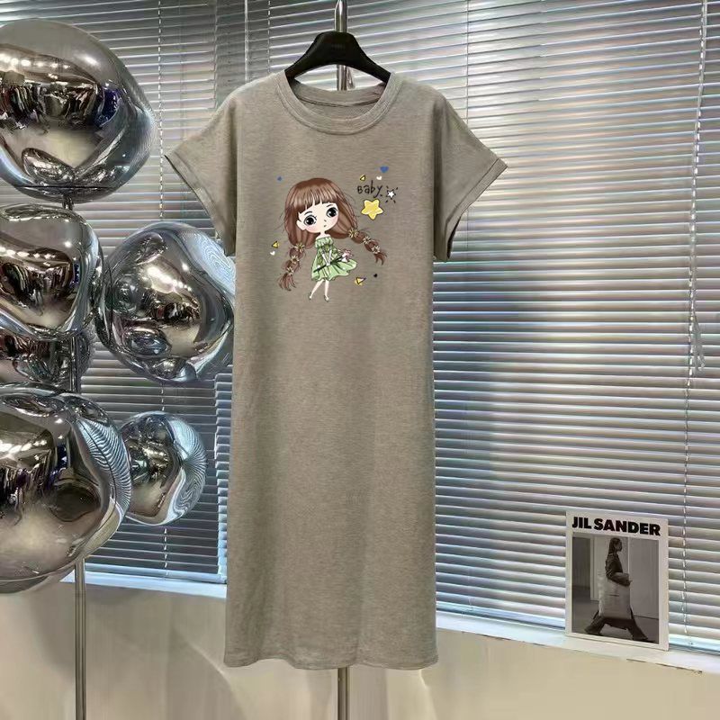 韓国版の女性用大きいサイズのゆったりTシャツナイトガウン、夏用ゆったりで肉感をカバーして着痩せ、カジュアルなロングワンピースとして着用可能|undefined