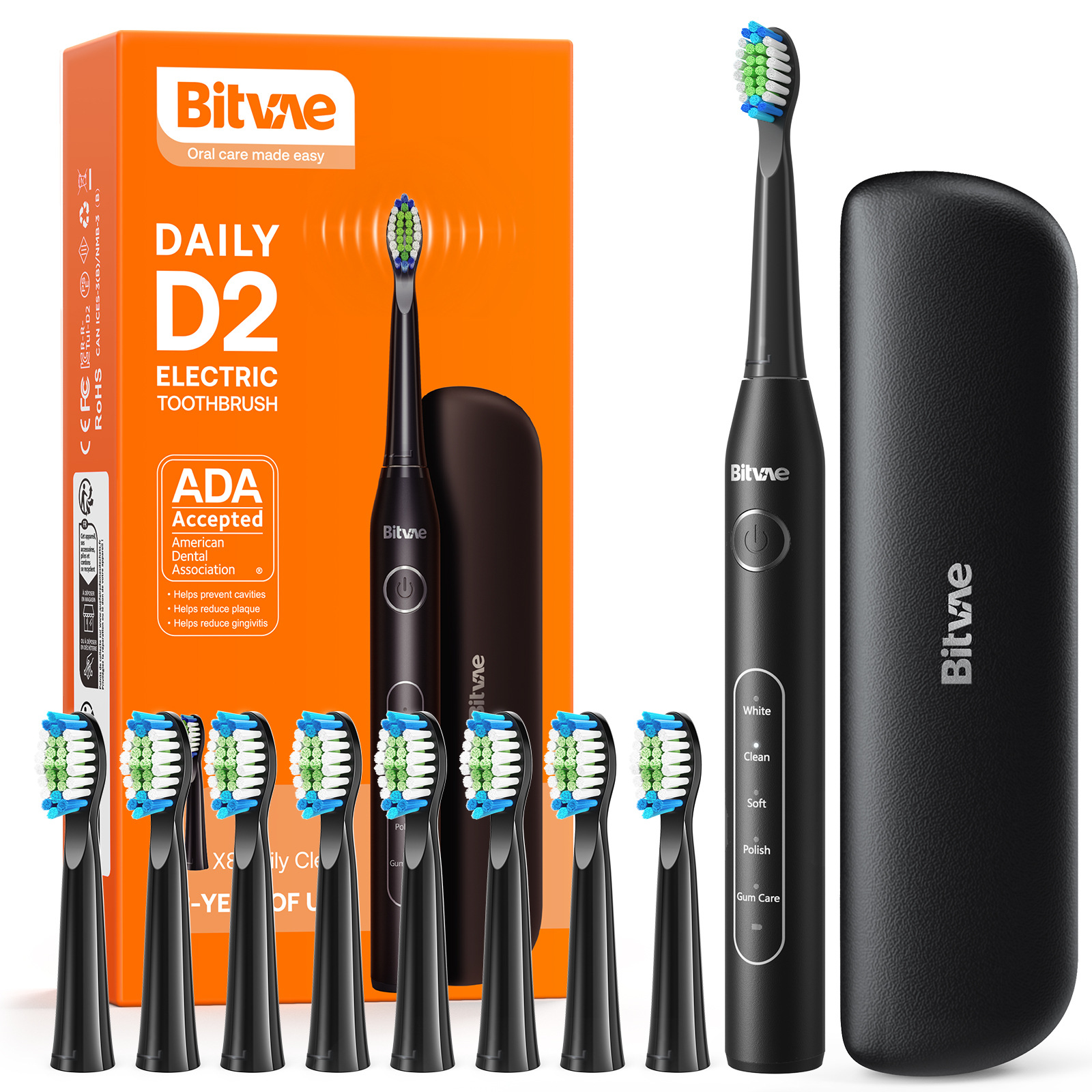 Bitvae Electric Toothbrush D2 Adult Electric Toothbrush, with 8 Brush Heads, 5 Modes