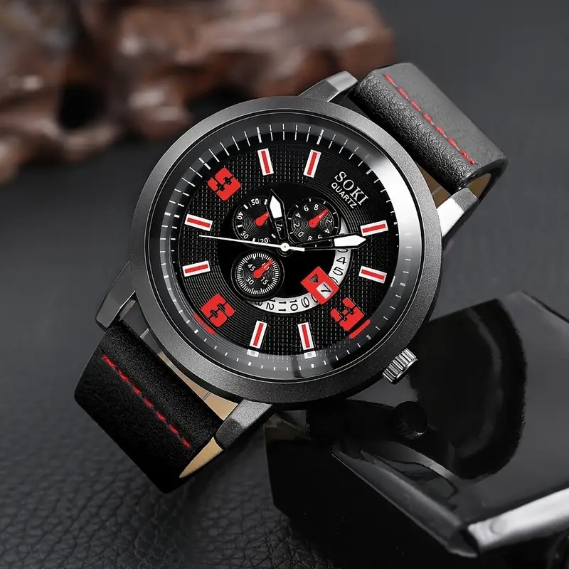 2023 Hot Selling 5pcs/set Conjunto de relógios masculinos novos, relógio de quartzo falso de três olhos + pulseira de contas versátil_voghion.com